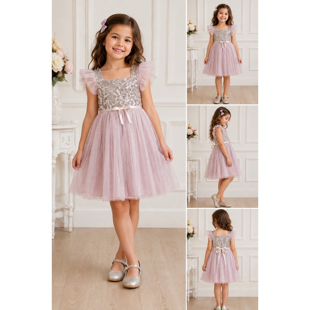 Popatu Girls Size 4 Pink Sequin Tulle Party Dress Flower Girl Holiday Bow